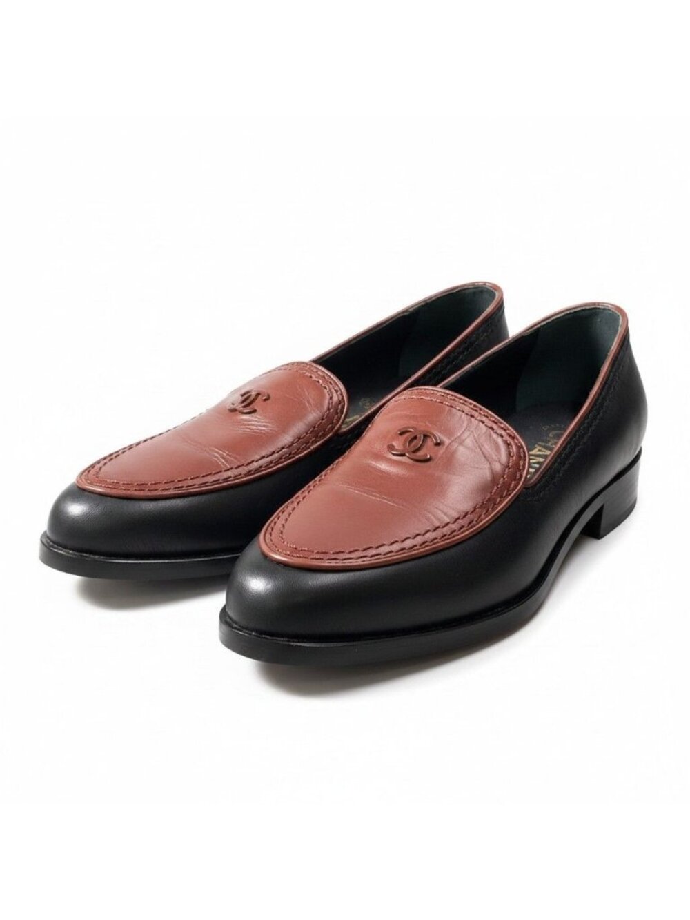 Chanel CC Logo Loafers c Brown Black Leather Female 36